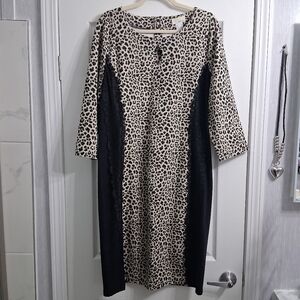 Alessa W Leopard & Lace Dress Slimming Side Panels Lace Detail Keyhole Zip Back